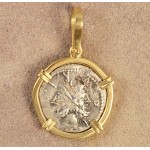 Ancient Roman Republic Silver Denarius Janus Head coin in 18kt Gold Pendant circa 120 B.C.